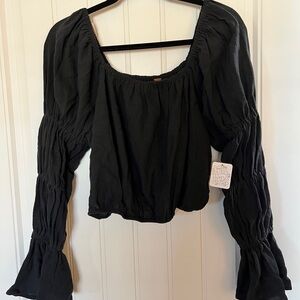 Free People Black Gathered Sleeve Blouse